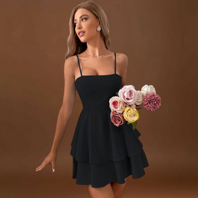 Alice - Mini vestido sem costas com alças com laço e saia em camadas