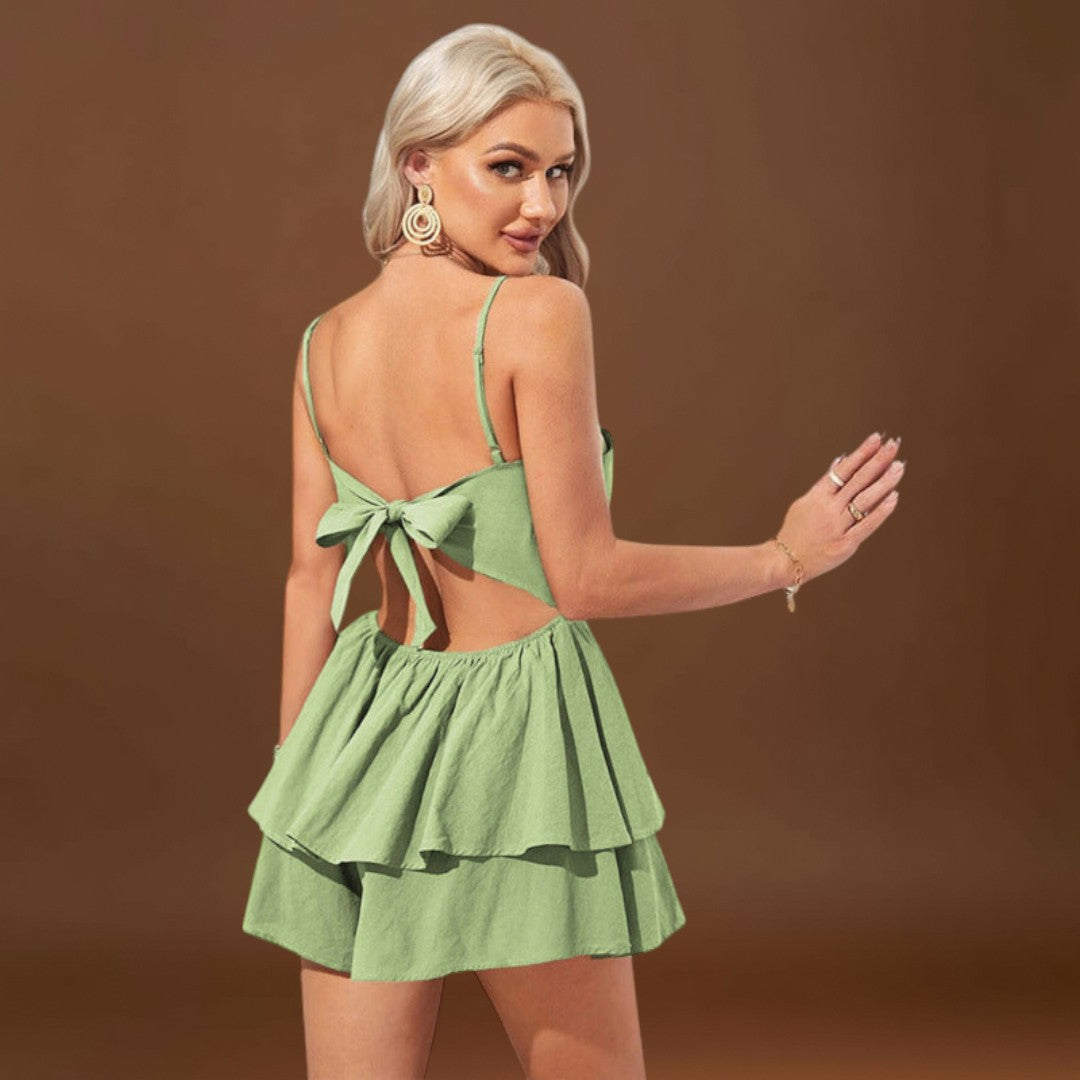 Alice - Mini vestido sem costas com alças com laço e saia em camadas