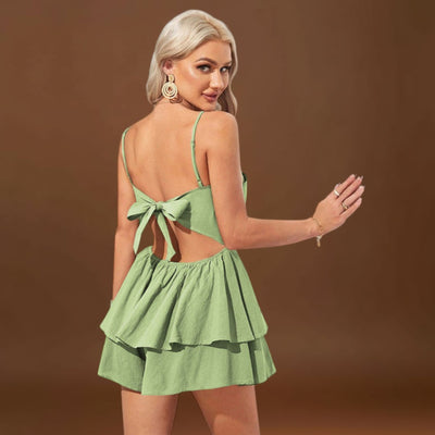 Alice - Mini vestido sem costas com alças com laço e saia em camadas