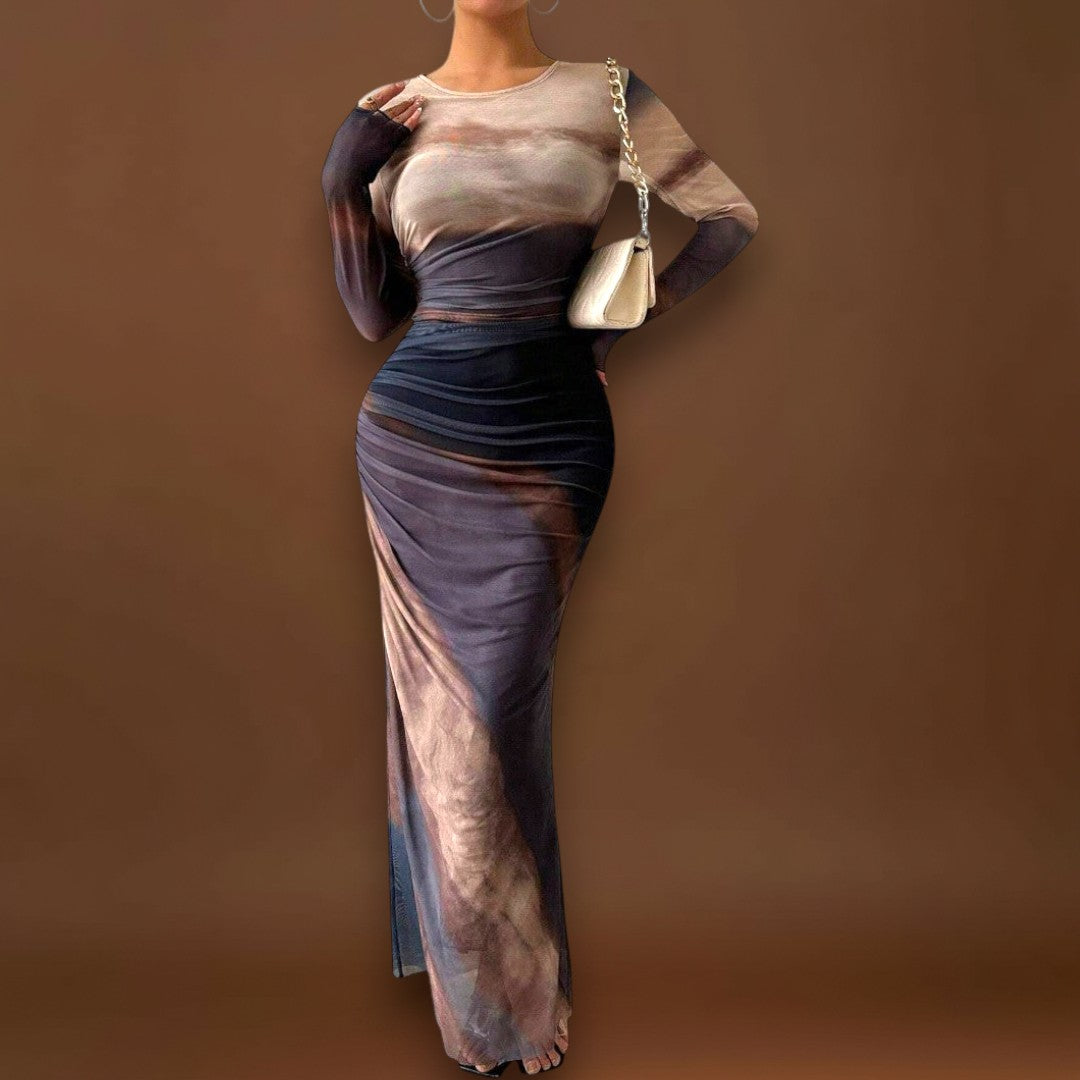 Amélia - Vestido maxi justo com mangas compridas