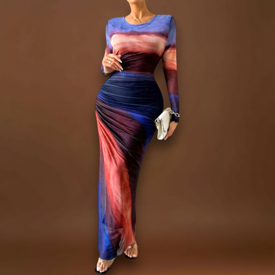 Amélia - Vestido maxi justo com mangas compridas