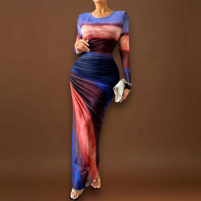 Amélia - Vestido maxi justo com mangas compridas