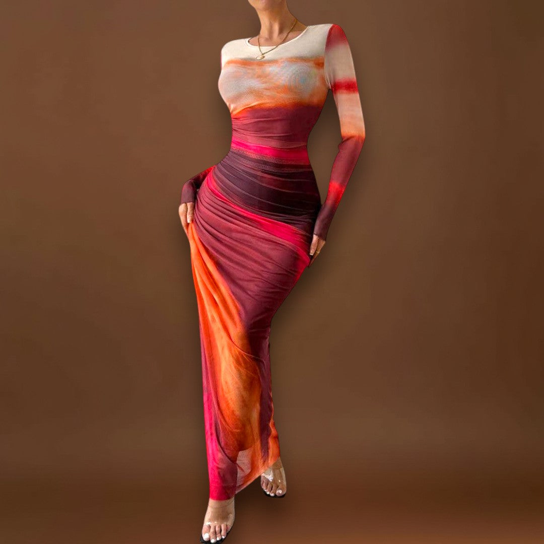 Amélia - Vestido maxi justo com mangas compridas