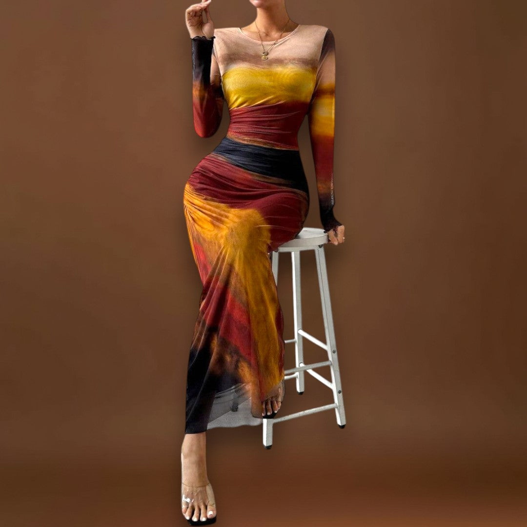 Amélia - Vestido maxi justo com mangas compridas