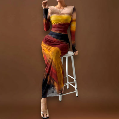 Amélia - Vestido maxi justo com mangas compridas