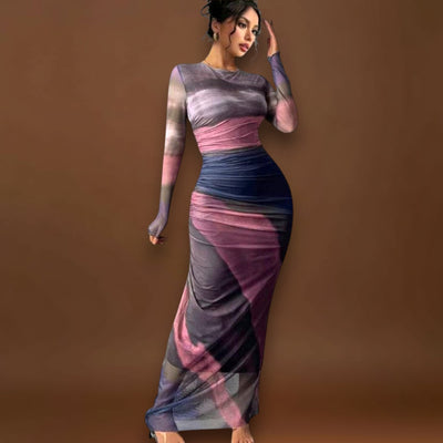 Amélia - Vestido maxi justo com mangas compridas