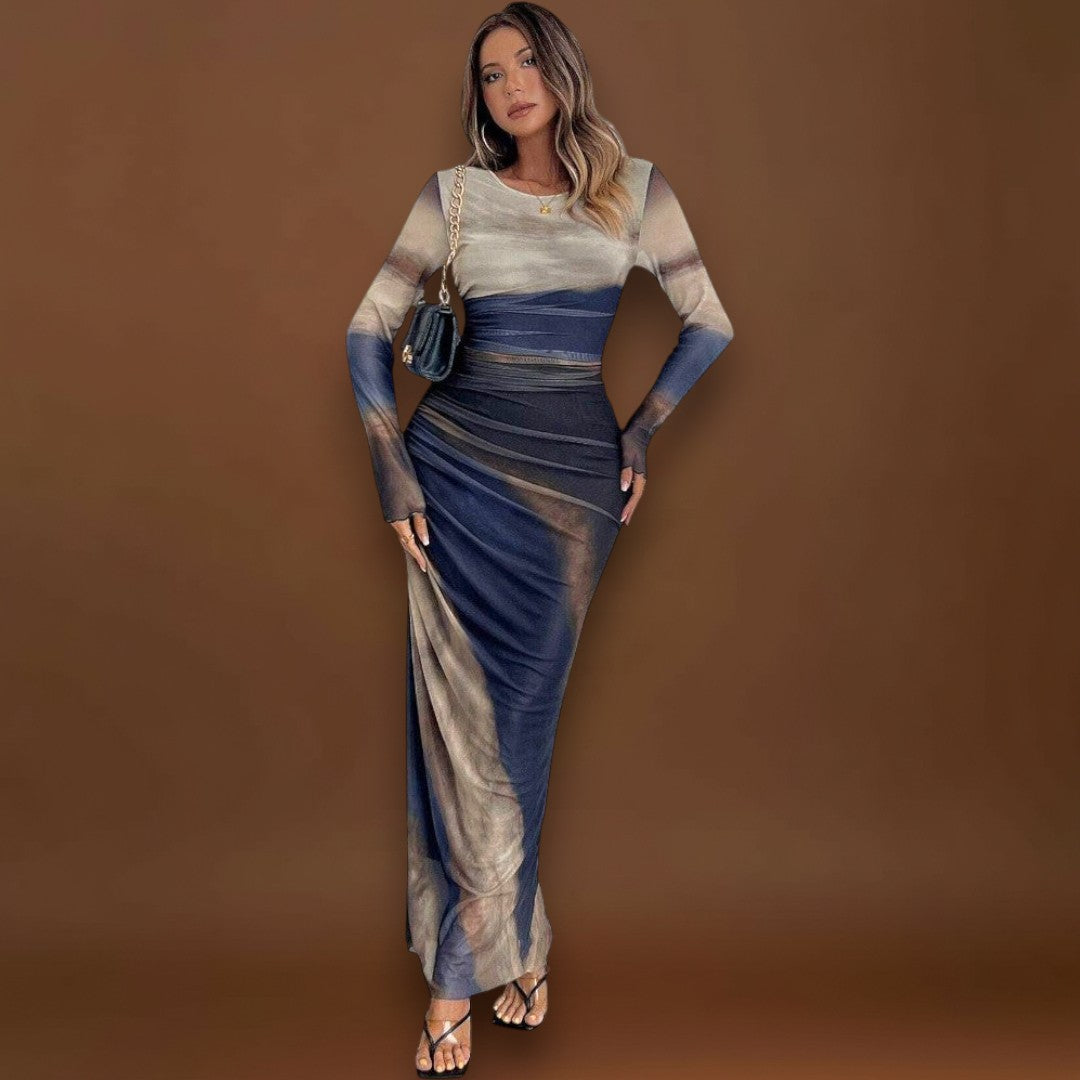 Amélia - Vestido maxi justo com mangas compridas