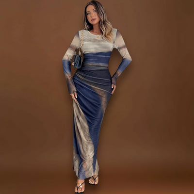 Amélia - Vestido maxi justo com mangas compridas