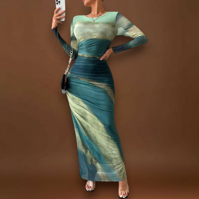 Amélia - Vestido maxi justo com mangas compridas