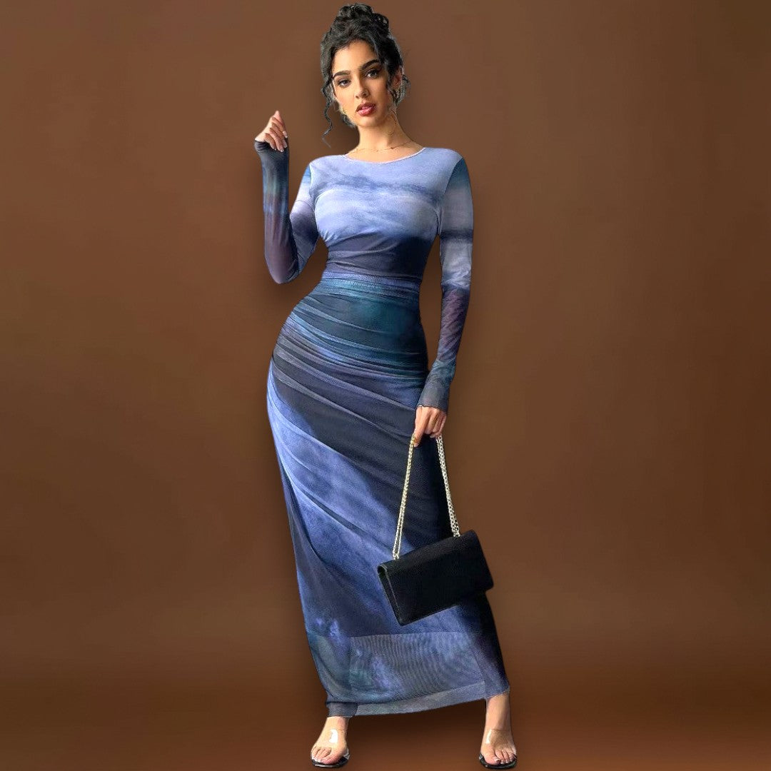 Amélia - Vestido maxi justo com mangas compridas