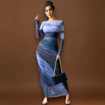 Amélia - Vestido maxi justo com mangas compridas