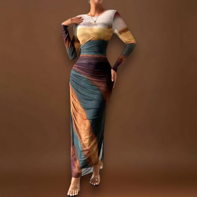 Amélia - Vestido maxi justo com mangas compridas