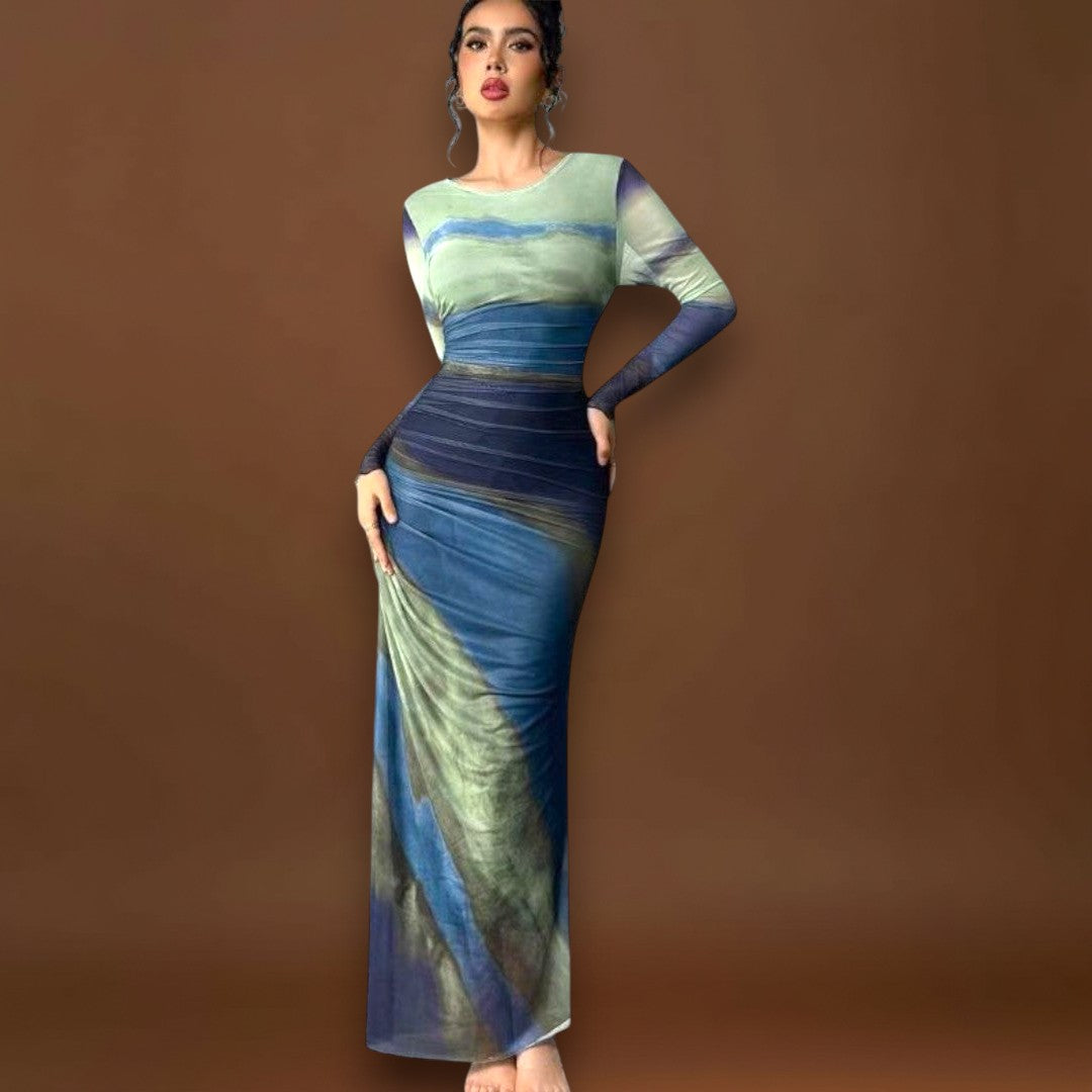 Amélia - Vestido maxi justo com mangas compridas