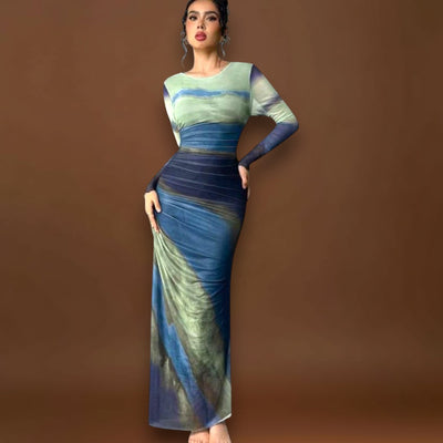 Amélia - Vestido maxi justo com mangas compridas