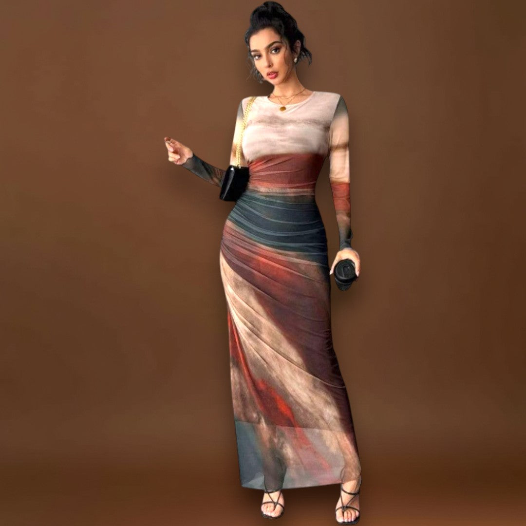 Amélia - Vestido maxi justo com mangas compridas